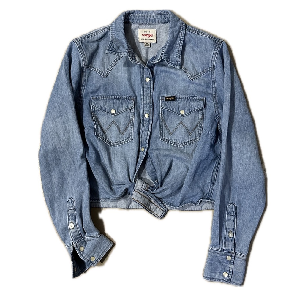 Wrangler Light Blue Denim Western Knot-Front Shirt